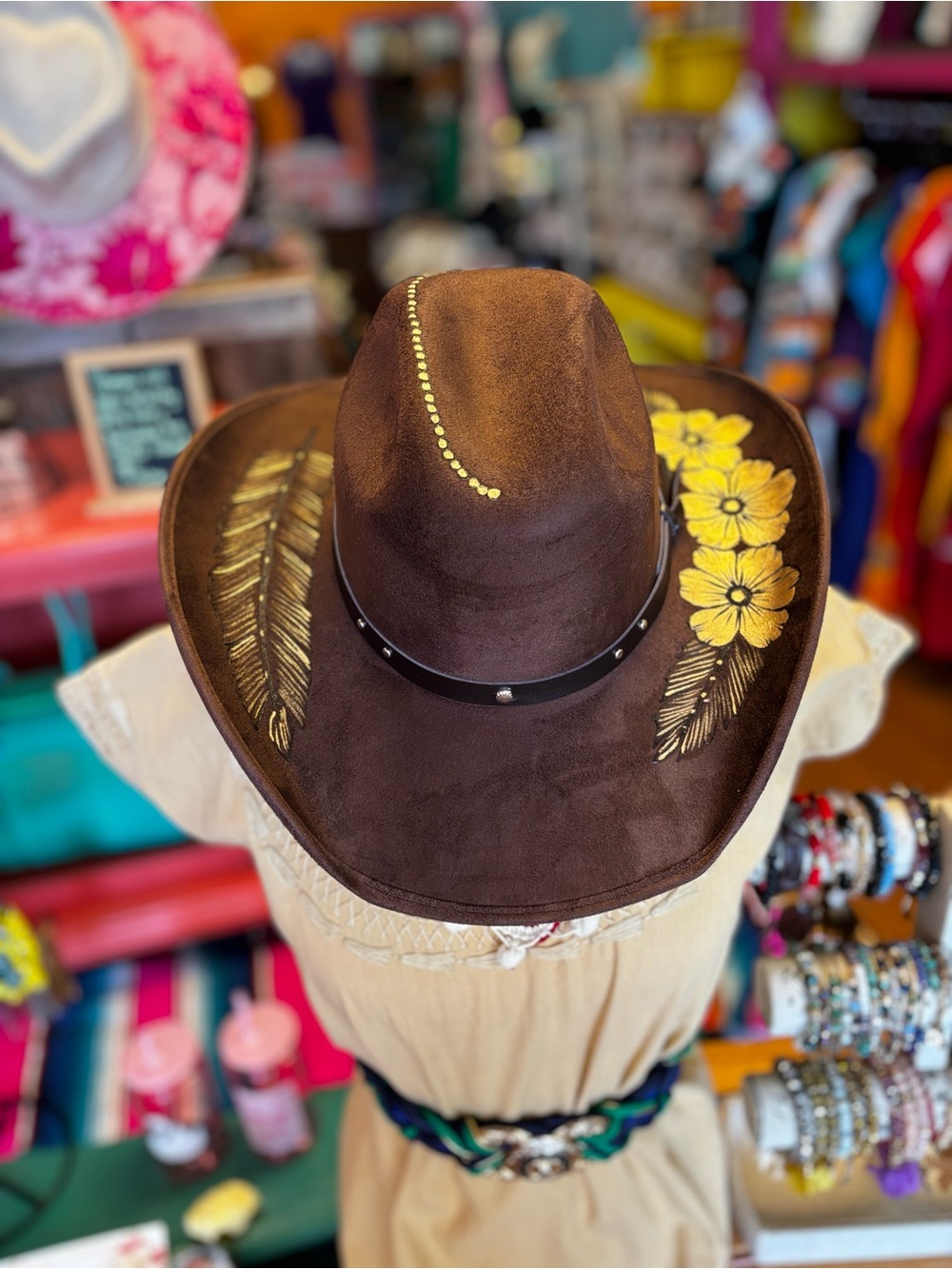 Brown Suede Floral Feather Western Hat with Yellow Accents
